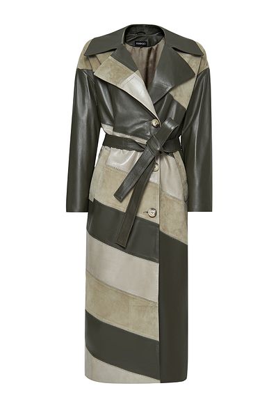 Derimod Shakira Women's Green Double Breasted Collar Leather Trench Coat 24Wgd5219Xs