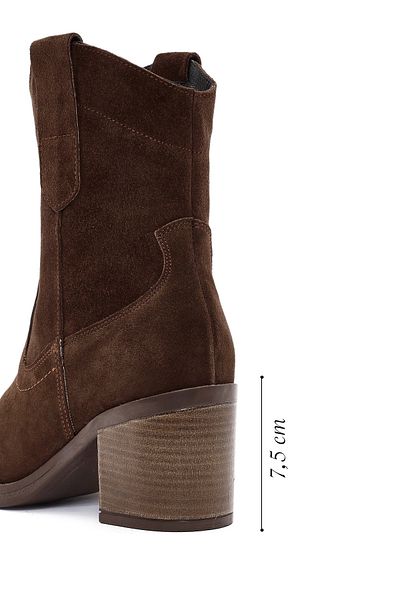 Derimod Women's Brown Thick Heeled Suede Leather Cowboy Boots 24Wfd 210910