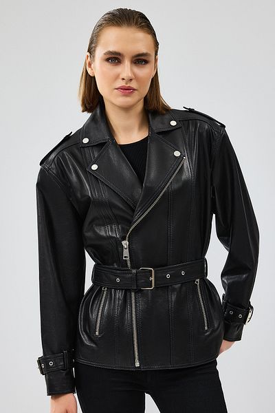 Derimod Zendaya Women's Black Biker Leather Jacket - Belt Detailed, 24Wgd5226Ve