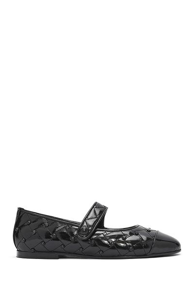 Derimod Women's Black Banded Patterned Leather Ballerinas 24Sfd 183014