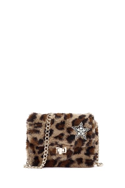 Derimod Geantă de umăr din pluș cu curea lungă cu lanț leopard pentru femei 24wbd2719ph