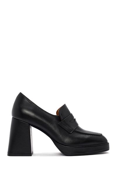 Derimod Women's Black Thick High Heels 100% Leather, Genuine Leather Masculine Penny Loafer Shoes, Casual Shoes