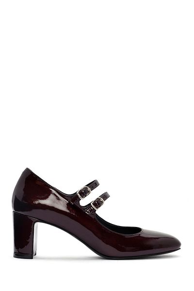 Derimod Women's Burgundy Double Buckle Thick Heeled Patent Leather Mary Jane Shoes 24Wfd 162416