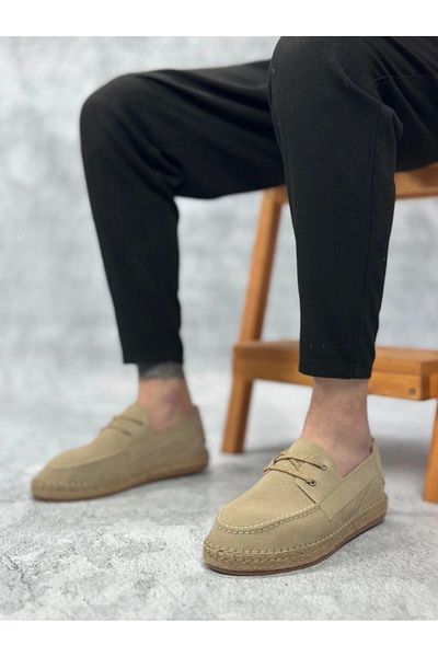 BPM Ba0358 Boa Natural Leather Powder Lace-Up Rubber Handmade Espadrille Sole Beige Color Men's Shoes