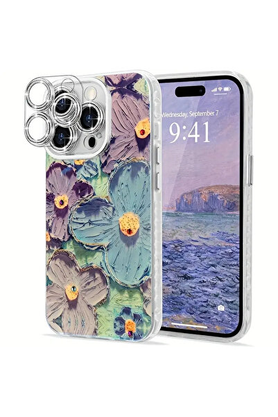 Fibaks iPhone 16 Pro Case Color Changing Stone Camera Lens Protection Blue Flower Pattern Shock Absorbing Cover