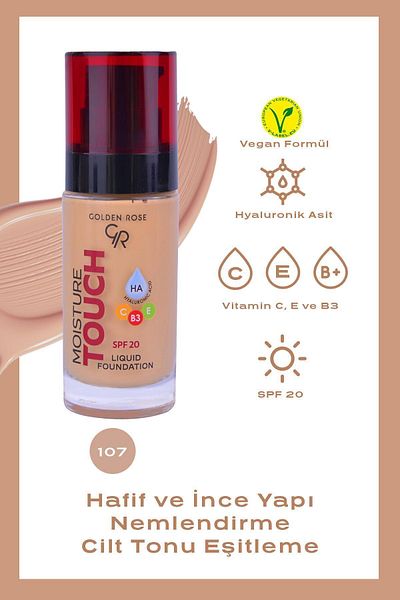 Golden Rose Moisture Touch Liquid Foundation 107 Hyaluronic Acid Moisturizing Foundation 30 ml