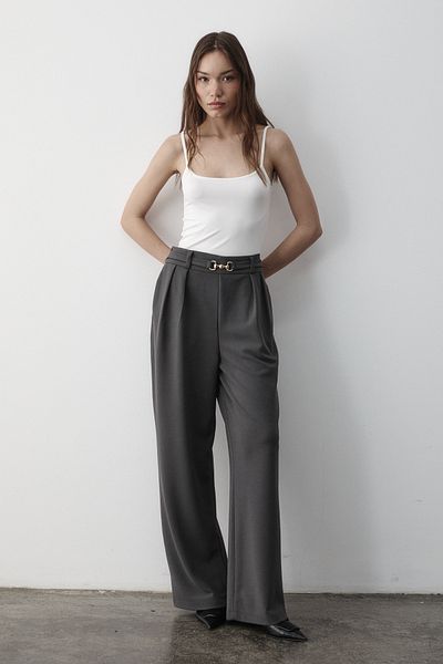 JASTE Women's Gray Lycra Buckle Belt Detailed Elastic Palazzo Trousers