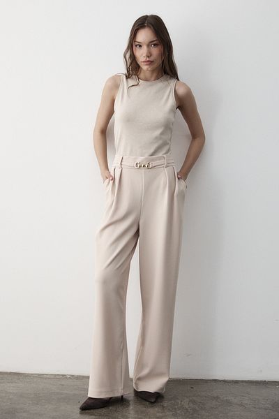 JASTE Women's Natural Lycra Buckle Belt Detailed Elastic Palazzo Trousers