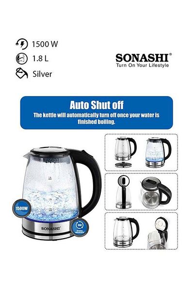 sonashi 1.8 L Cordless Kettle - Glass Kettle with Safety Lock Lid | 360-degree Swivel Base - Auto Shutdown,