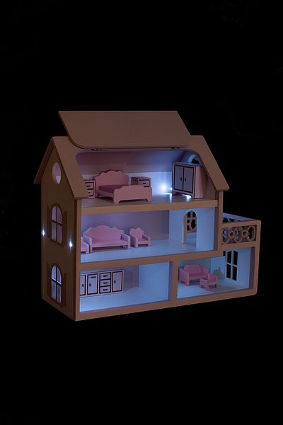 hedefixtoys بيت دمية خشبي مطلي - بيت دمية مع أثاث بإضاءة LED