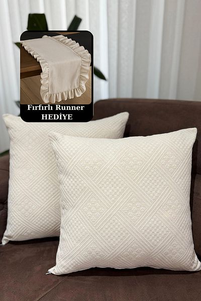 KAMİZ Cotton Boho Pattern Ruffled Linen Runner & 2-Piece Throw Pillow Case Set Gift