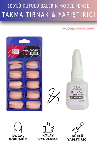 Muggio 100'lü Kutulu Balerin Protez Takma Tırnak + Tırnak Yapıştırıcısı 10gr