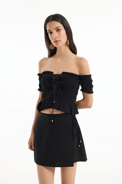 Quzu Bird Eye Tie Off Shoulder Blouse Black