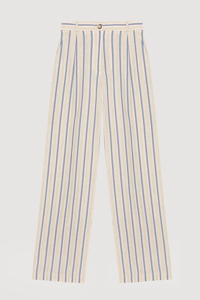 Quzu Thick Striped Straight Cut Trousers Ecru