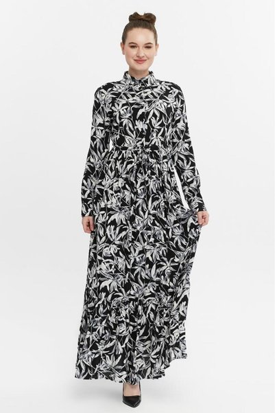Generic Brand Buttoned Gathered Patterned Women's Hijab Dress