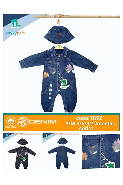 CROCODAYS Unisex Kids Baby Jeans (Jeans) Printed Hat Jumpsuit (3/6/9/12) Months