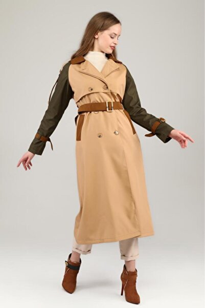 Jamila Üç Renkli Uzun Mevsimlik Astarlı Trençkot/kap