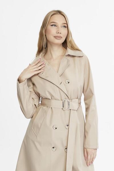 Jamila Uzun Boy Kemerli Astarlı Kadın Trençkot