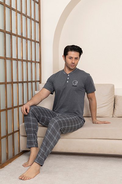 Moon Line Men's Combed Cotton Smoked Plaid Short Sleeve Pajama Set