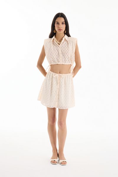 Quzu Front Buttoned Textured Mini Skirt with Elastic Waist Ecru