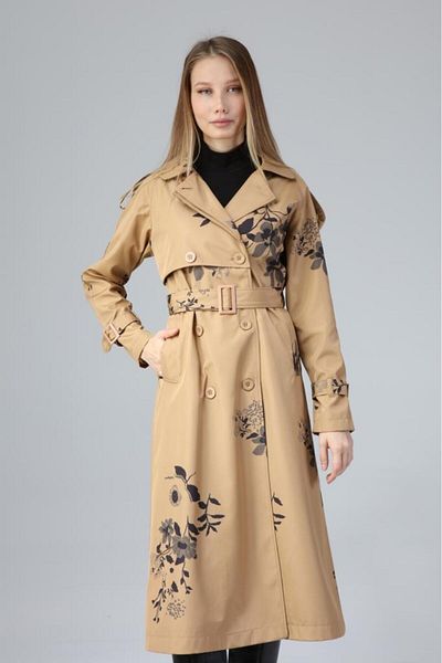 Jamila Floral Patterned Lined Long Women's Trench Coat