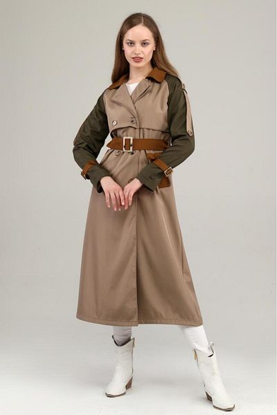 Jamila Long Seasonal Lined Three-Color Trench Coat/Cap