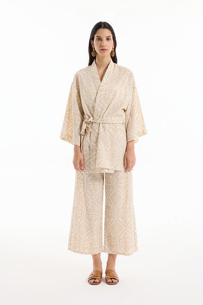 Quzu Ethnic Patterned Tied Short Kimono Natural