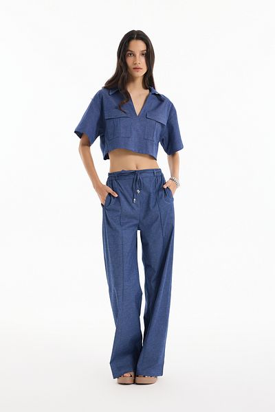 Quzu Pantaloni cu aspect denim cu cravată în talie Indigo