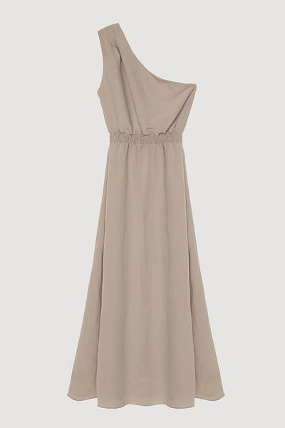 Quzu Elastic Waist One Shoulder Midi Dress Stone