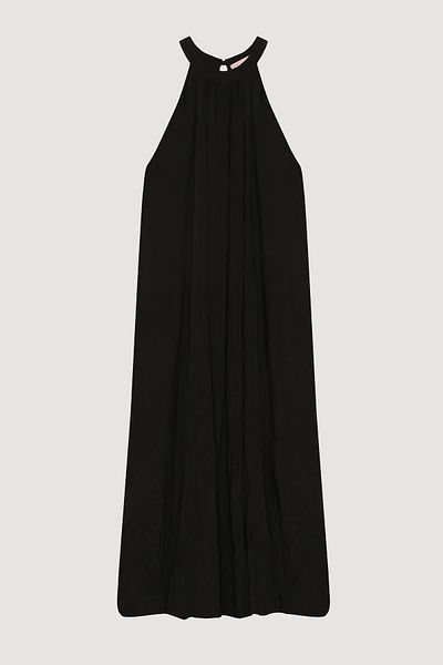 Quzu Crinkle Look Halter Neck Long Dress Black