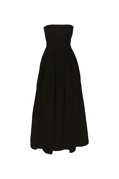 Quzu Strapless Pleat Detailed Long Dress Black