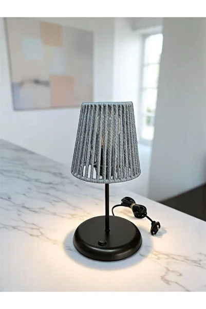 CONANA Lyris - Macrame Lampshade, Mini Table Lamp (Baby Blue Headboard, Black Leg)