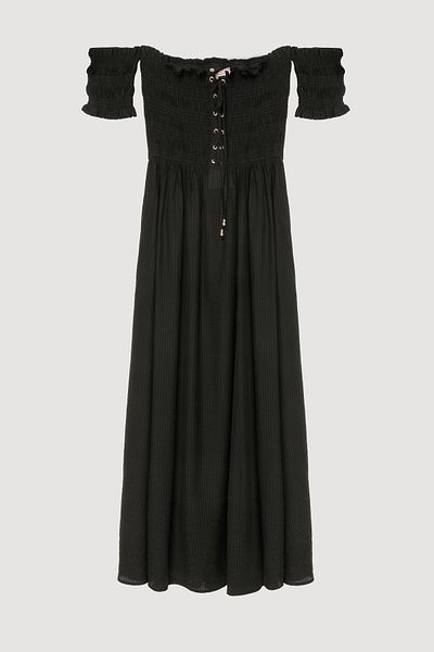 Quzu Bird Eye Tie-Up Off-Shoulder Dress Black