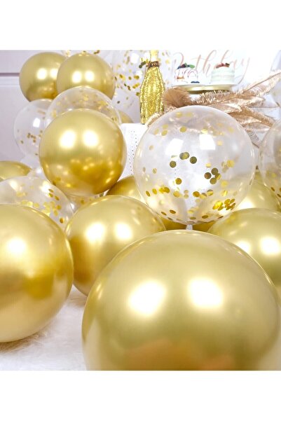 BALON DİYARI 25 Adet Gold, Şeffaf Konfetili Lateks Helyum Balon Seti