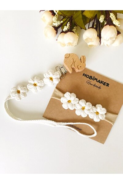 Hobimaker Papatya Örgü Doğal Emzik Zinciri Ve Bebek Bandana Seti