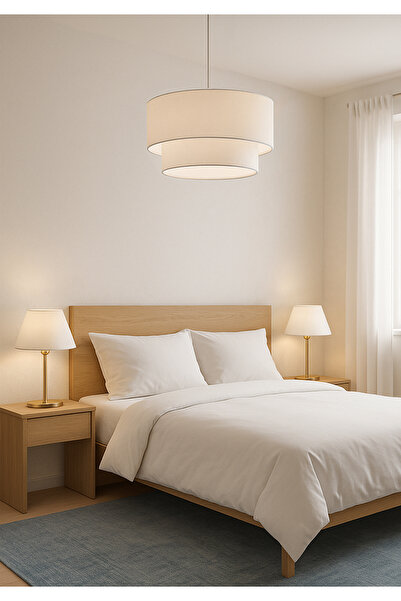 HOMİNG Cream Fabric Cake Deco Pendant Lamp Chandelier and Lara Gold Lampshade Set