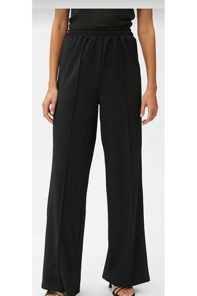Dagü Design Women's Striped Elastic Waist Wide Leg Summer Black Crepe Trousers