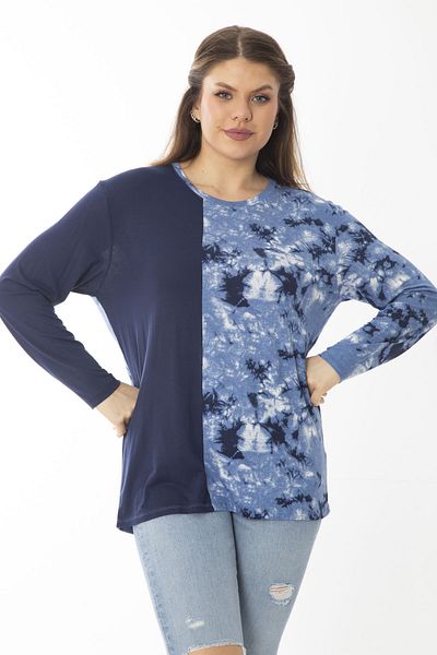 Şans Women's Large Size Navy Blue Crew Neck Patterned Blouse 65N37027