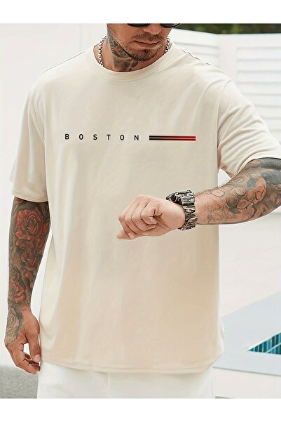 CLAYES Boston Printed Single Jersey Beige T-Shirt - Oversize Crew Neck T-Shirt