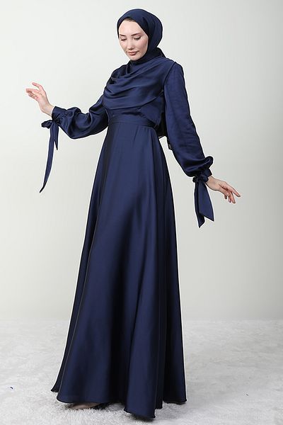 Giza Giyim Βραδινό φόρεμα Degaje με δεμένο μανίκι Navy Blue