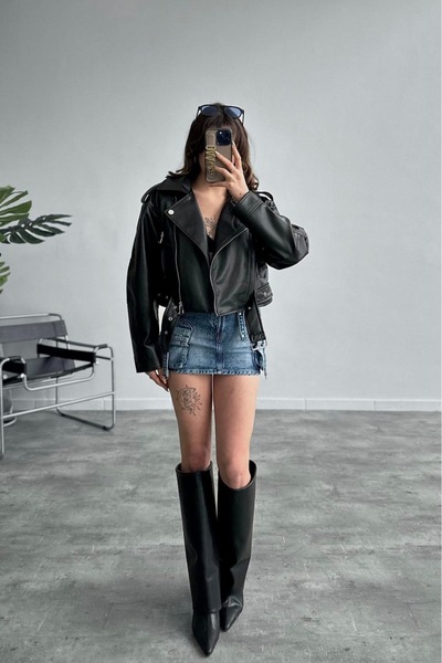 NET OF NOT Yeni Sezon Oversize Kadın Siyah Biker Deri Ceket