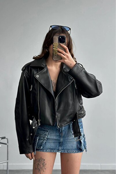 NET OF NOT Yeni Sezon Oversize Kadın Siyah Biker Deri Ceket