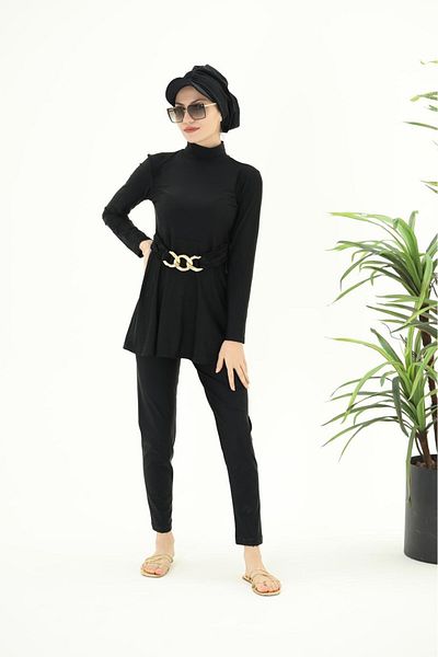 NS Tasarım Tesettür Mayo Aren Gold Buckle Detailed Design Hijab Swimsuit Set