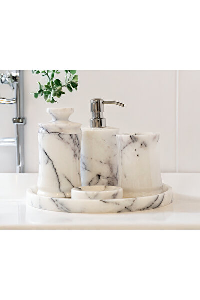 marbelix Celestia Ultra Luxury 5-Piece Lilac Marble Bathroom Set - Imported Steel Pump - Special Production - Round Tray