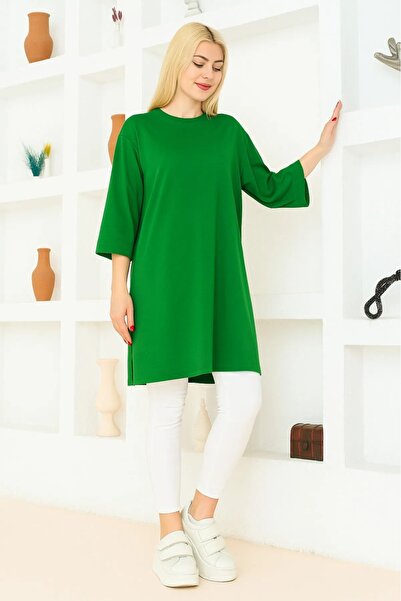 nacar çarşı Kadın Oversize Rahat Kalıp Su Yeşili Kısa Kol Düz Basic Yandan Yı...