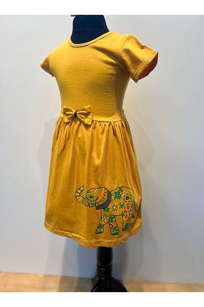 neocotton Girl - Ethnic Elephant Printed Cotton Combed Cotton Dress, Short Sleeve