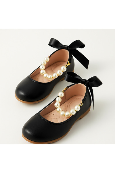 wakawakakidsstore Black Pearl and Ribbon Detailed Girl's Ballerina Shoes
