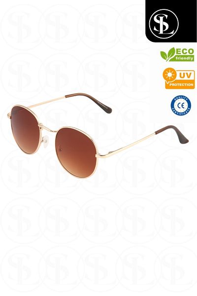 Straight Light Round Frame Unisex Gold Metal Brown Glass Classic Sunglasses
