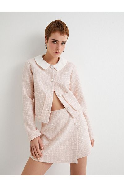 Koton Fustă pantaloni scurti mini din tweed cu dublu piept detaliu nasturi perlat