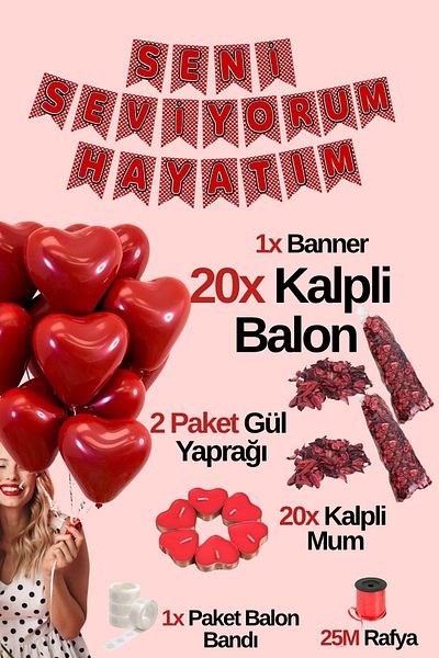 Baloncu Dede 20 Red Heart Balloons 20 Candles I Love You My Life Written Banner Helium Compatible Valentine's Day